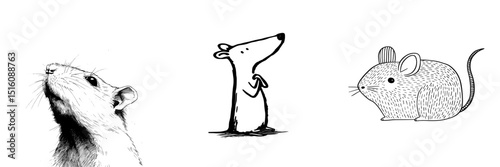 The image depicts a mouse in profile with a curious look, rendered in minimalistic line art on a white background