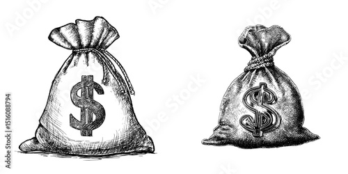 The image of a money bag with a dollar symbol is rendered in black and white line art with an outline drawing style