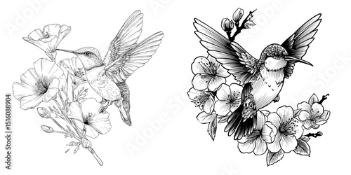A monochrome sketch featuring a hummingbird surrounded by flowers