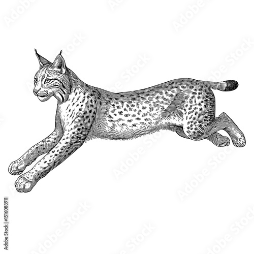 A bobcat jump is shown in a monochrome animal monochrome sketch using vintage engraving line art