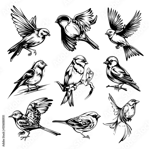 This assortment of minimalist bird drawings showcases a range of bird species in lively poses, ideal for wall art, decorative items, printed materials, and home decor, with its captivating and