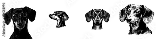 Modern illustration of a pet character featuring a dachshund dog head icon in black and white logo style with a dog silhouette and engraving design
