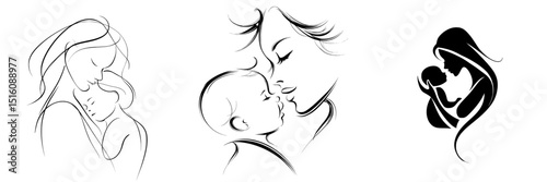 A stylized modern symbol depicting a mother and baby, with the mom embracing her child in a sketch