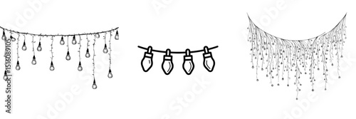 A continuous line is used to draw bulbs on a festoon or garland, depicted in a simple linear style, typically associated with festive Christmas decorations, and set within a split frame, suitable for