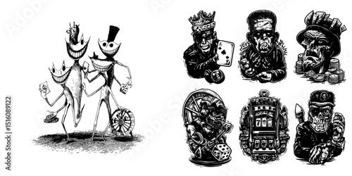 Retro psychedelic characters from casino and gambling environments of sport games and bets, including cartoon groovy elements, are depicted with poker cards, dice, chips, and roulette