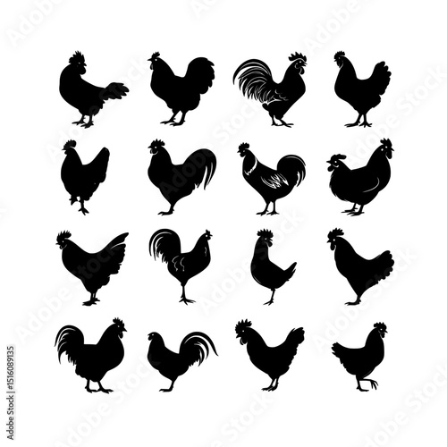 Modern chicken icons, including a rooster silhouette, are part of a set that features silhouettes of chickens, roosters, and hens