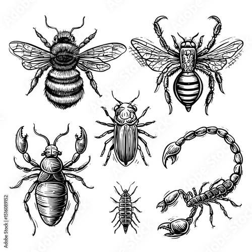 This set of illustrations features engraved black and white sketches of various insects, including a bee, flea, hornet, mayfly, scorpion, and centipede, in a vintage modern style