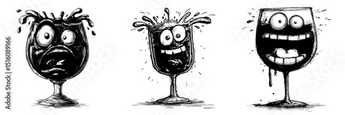 A vibrant red wine glass character, depicted as a lively and humorous alcohol drink personality, is shown in isolation as a modern cartoon beverage wineglass accompanied by a splash and an amusing