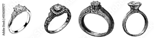 A detailed, vintage-style woodcut illustration of an engagement ring, hand-drawn in monochrome and isolated on a white background