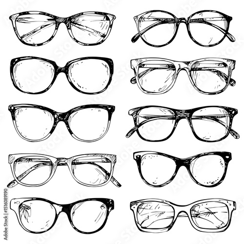 A set of modern clipart featuring black and white line art sketches of eyeglasses and sunglasses has been created, emphasizing the connection between eyewear, fashion, and sun protection, making it