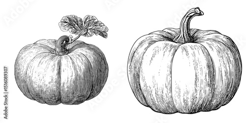 Black and white monochrome engraving style drawing of a pumpkin created with modern pencil ink sketch