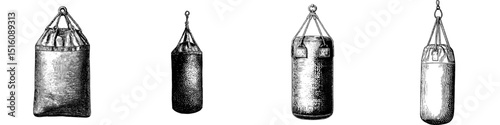 Monochrome ink sketch of a punching bag in modern drawing and engraving style illustration