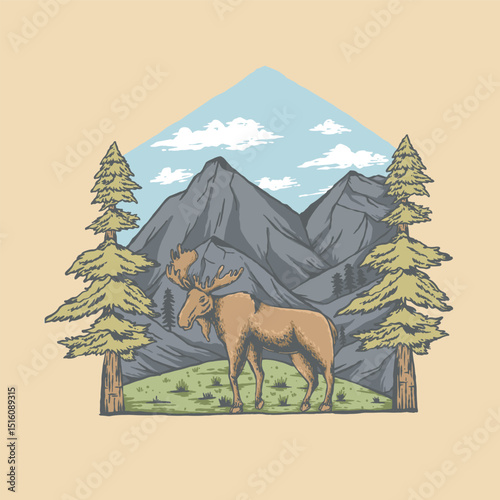 A stunning Handrawn illustration of a moose walking through the forest with a majestic mountain range in the background,perfect for wildlife, nature, outdoor themed design, tshirt, stickers design 