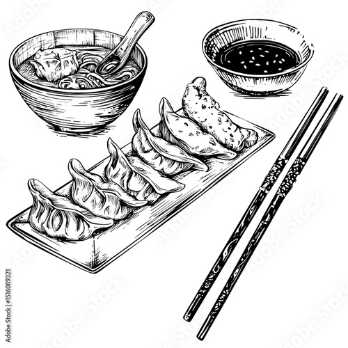 Detailed illustrations of steamed dumplings on a white background make up the Dumpling Collection, a celebration of Asian cuisine and traditional recipes through culinary art