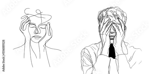 A simple line drawing depicts a pensive person with their hands clasped around their head