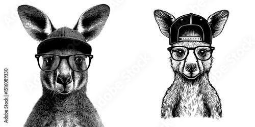 A minimalist black ink drawing on a transparent background depicts an Australian kangaroo wearing trendy youth glasses and a baseball cap in monochrome