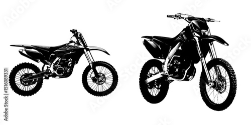 The modern silhouette of a motocross dirt bike stands out on a white background
