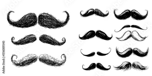 This stylish assortment of mustache artwork features classic and handlebar styles, rendered in black and white to evoke a vintage aesthetic, ideal for use in barbershop branding, themes related to