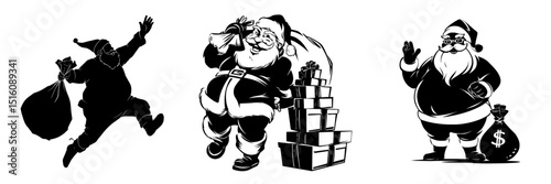 Illustration of Santa Claus waving and holding a sack of presents in a black silhouette on a white background