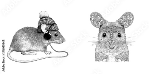 The image features a mouse with a headband, rendered in detailed black and white