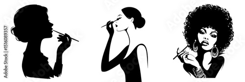 A woman applying makeup is depicted in a modern art silhouette with a black color design set against a solid white background