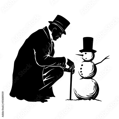 A person constructing a snowman is illustrated in a modern black liner art silhouette with a solid white background