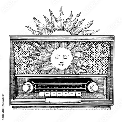 Hand-drawn minimalist illustration of a retro radio and sun icon