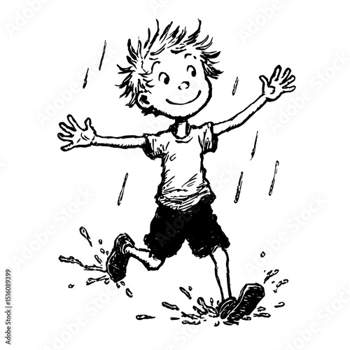 A modern illustration generated by AI, resembling a scratch board engraving, features a young boy running with abandon through the rain, his arms outstretched as he splashes in the water, in a black
