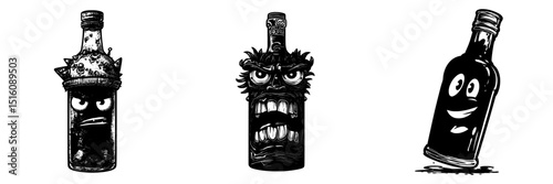 A cartoonish, groovy character of a red wine bottle with a comic face, symbolizing a modern alcoholic drink or beverage in isolation, exuding a funky, vintage vibe and retro hippie y2k charm, ready