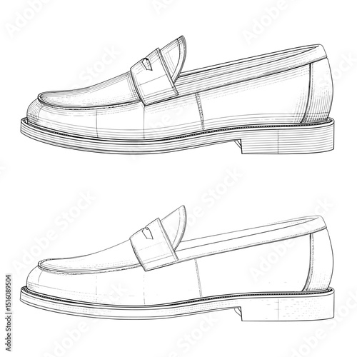 Line art of Women's Loafer Pairs Slip On Shoes featuring technical sketch and hand drawing outline in modern doodle style with top and bottom view isolated on white background for a coloring page’