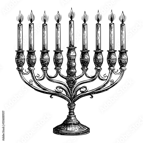 Black and white line drawing of a Jewish menorah with candles, illustrated in a modern style for coloring, symbolizing Israel's traditional religious candelabrum