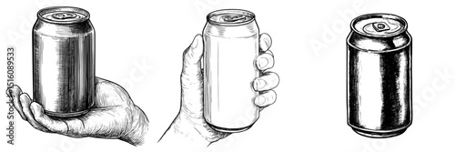 A modern illustration of a hand drawing a soda can at dawn is a unique sketch