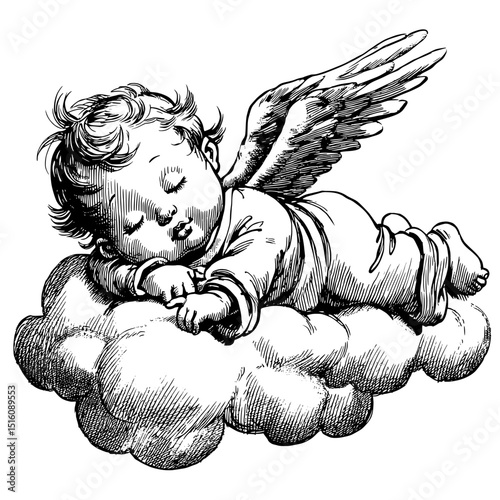 A cherub, depicted as a little baby angel, is asleep on a cloud in a hand-drawn sketch at dawn, showcasing a modern illustration