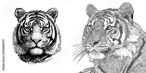 Modern illustration of a tiger in black and white, created using linear drawing and sketched art techniques
