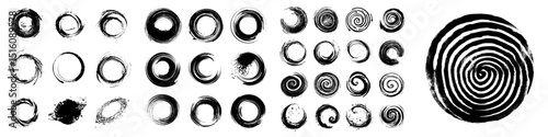 Spiral shapes and concentric geometric waves form a circular line, with a modern set of abstract vortex circles and dynamic ripples, accompanied by thin radial bursts and curve whirlwind sonars in a