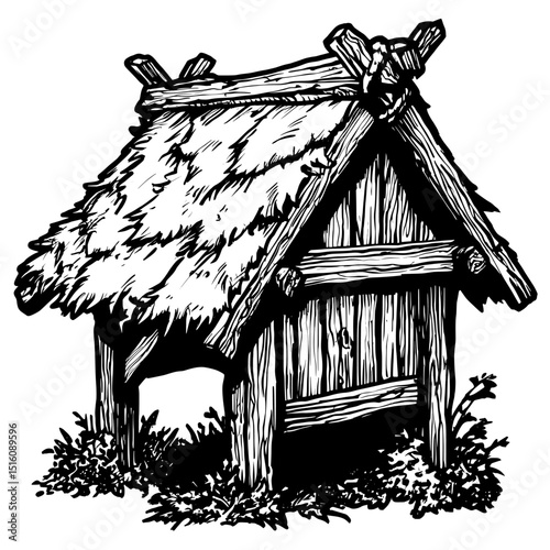 Black and white monochrome engraving style is used in this modern pencil ink sketch drawing of a roof