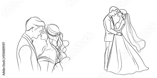A single, continuous black line art doodle depicts a wedding couple, with the bride and groom standing together, hand in hand, set against a white background