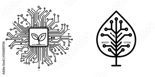 The modern emblem of a leaf combined with a circuit board chipset embodies the principles of eco technology and digital biotechnology innovation