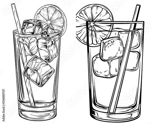 A modern illustration of a tropical cocktail, hand drawn with intricate details