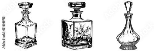 Modern Graphics and Distinctive Artistic Visuals are featured in the Elegant Decanter with Creative Design and Unique Artwork of Crystal Decanters Engraving Print Style and Modern Illustrations along