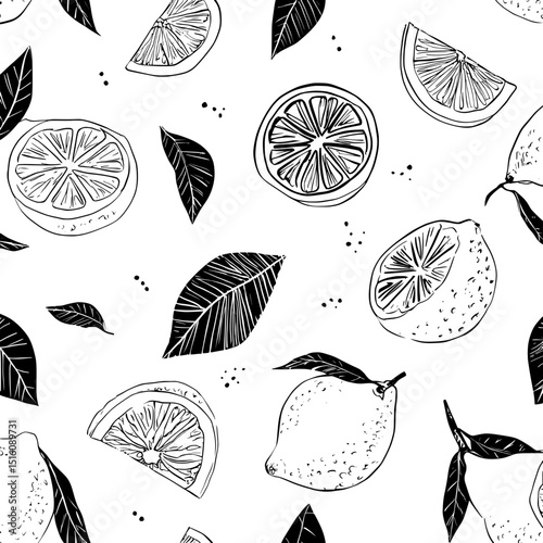 A black and white illustration highlighting lemons, lemon slices, and leaves in a design that is well-suited for food-related purposes or enhancing kitchen decor