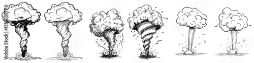 Collection of intense tornado sketch, tornado line drawing illustration