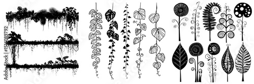 Modern icons include the silhouettes of tropical jungle forest liana branches, as well as rainforest ivy leaves, tropical liana, creeping jungle trees, and bindweed plants with curly tendrils and