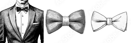 Formal wear is depicted in a detailed black and white outline line art drawing from a bow tie front view