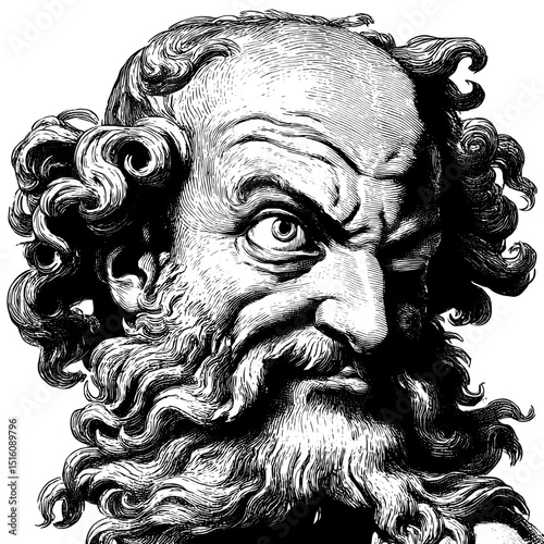 The image features an elderly man with a full beard, expressive smile, and textured hair, illustrated in a vintage style sketch engraving with modern generative AI techniques, and presented as a