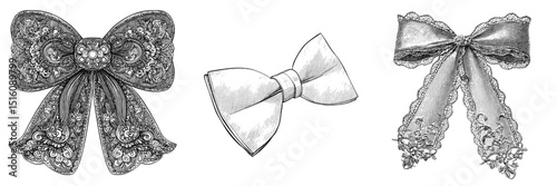 An intricate bow tie is showcased in a refined black and white outline drawing