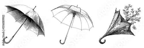 The image shows a black and white sketch of an open umbrella that has a curved handle