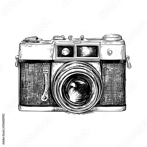 This vintage camera illustration is a detailed sketch done entirely in black and white