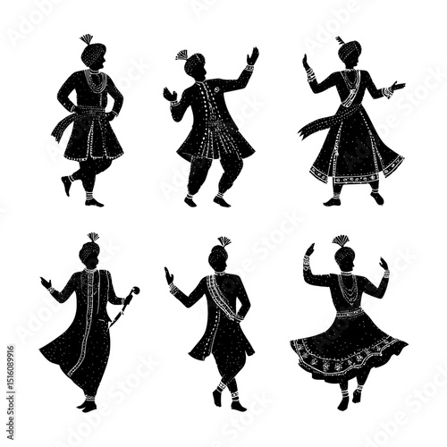 A modern pack of graphic drawing illustrations featuring Indian Dancers Silhouette is available for application on stickers, streetwear, t-shirts, logos, print-on-demand products, prints, or branding