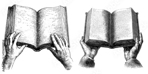 A vintage sketch style depiction of hands grasping an open book is shown